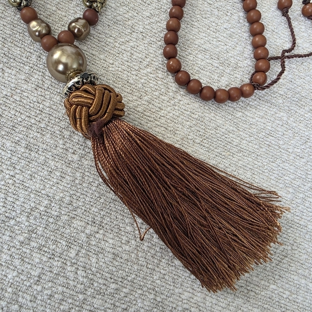 Boho Long Wood Bead Necklace with Large Tassel - Picture 8 of 8